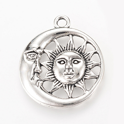 Antique Silver Tibetan Style Alloy Pendants, Flat Round with Sun & Moon, Cadmium Free & Lead Free, Antique Silver, 30x26.5x3mm, Hole: 2.5mm, about 240pcs/1000g