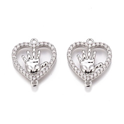 Real Platinum Plated Brass Micro Pave Clear Cubic Zirconia Pendants, Long-Lasting Plated, Heart with Hand, Real Platinum Plated, 16.5x14x2.5mm, Hole: 1mm