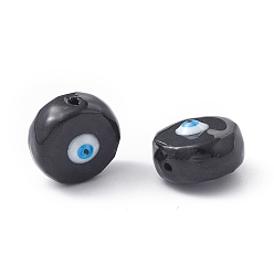 Black Glass Beads, with Enamel, Flat Round with Evil Eye Pattern, Black, 14~14.5x9mm, Hole: 1.2mm