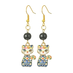 Стально-синий Серьги с подвесками из сплава в форме кошки, с акриловыми бусинами, стальной синий, 56x14.5 мм
