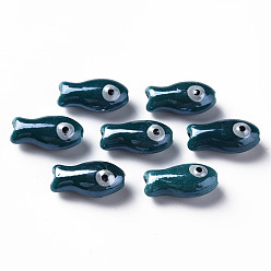 Teal Handmade Porcelain Beads, Famille Rose Style, Fish, Teal, 19.5x10x8mm, Hole: 2mm