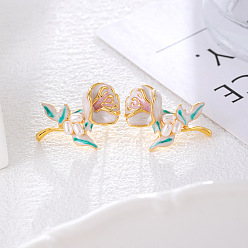 Настоящее золото 18K Цветок латунь эмаль серьги стержня, с имитацией жемчуга, игла из стерлингового серебра, реальный 18 k позолоченный, 24x17 мм