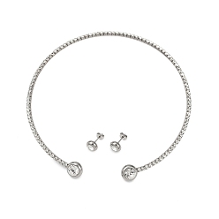 Нержавеющая Сталь Цвет Круглые пластиковые серьги-гвоздики с имитацией жемчуга и комплекты колье-чокеров с кубическим цирконием и стразами, 304 комплект украшений из нержавеющей стали для женщин, цвет нержавеющей стали, внутренний диаметр: 4.43 дюйм (112.5 мм)