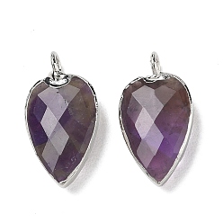 Amethyst Natural Amethyst Pendants, with Brass Edge Loops, Faceted, Heart Charms, 23~23.5x12~12.5x5.5mm, Hole: 3mm
