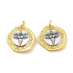 Antique Silver & Golden Brass Pendants, with Jump Ring, Flat Round Charm, Antique Silver & Golden, 19x19x3mm, Hole: 4mm