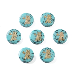 Дева Синтетические бирюзовые бусины, с золотистыми латунными пластинами, плоский круглый с созвездиями, Дева, 15x5 мм, отверстие : 1 мм