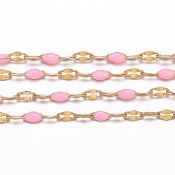 Pearl Pink Ion Plating(IP) 304 Stainless Steel Link Chains, with Spool, with Enamel, Soldered, Pearl Pink, 4~10x2x0.4~2mm, about 32.8 Feet(10m)/roll