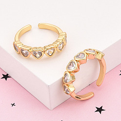Настоящее золото 18K Латунные кольца-манжеты с микропаве и прозрачным цирконием для женщин, без кадмия и без свинца, сердце, реальный 18 k позолоченный, 5.1 мм, внутренний диаметр: 17 мм, Сердце: 5.1x23 mm