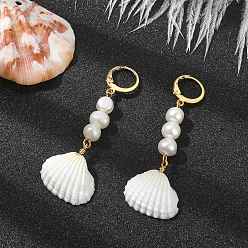 Golden Shell Shape Natural Pearl & Shell Dangle Earrings for Women, with 304 Stainless Steel Finding, Golden, 65x25.5~26.5mm