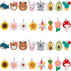 Colorful 32Pcs 16 Style Resin Pendants, with Platinum Iron Peg Bail, Mixed Shapes, Colorful, 22x20x10.5mm, Hole: 2mm, 2pcs/style