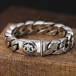 Antique Silver Tibetan Style Alloy Cuban Link Chain Bracelet with Skull Clasp, Antique Silver, 8-5/8 inch(22cm)