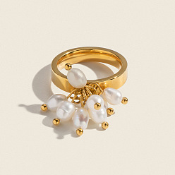 Настоящее золото 18K 304 Кольца для пальцев из нержавеющей стали с натуральным пресноводным жемчугом для женщин, вакуумное покрытие pvd, реальный 18 k позолоченный, 17 мм