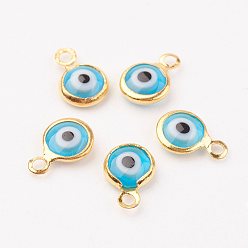 Deep Sky Blue Lampwork Charms, with Brass Findings, Flat Round/Eye, Golden, Deep Sky Blue, 9.5~10x6.5x2.5mm, Hole: 1.5mm