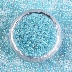 Sky Blue 6/0 Glass Seed Beads, Inside Colours, Round Hole, Round, Transparent Colours Rainbow, Sky Blue, 6/0, 4~5x2.5~4.5mm, Hole: 1.2mm, about 4500pcs/bag