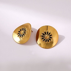 Black 304 Stainless Steel Enamel Stud Earrings, Flat Round with Flower, Asymmetrical Earrings, Golden, Black, 28mm