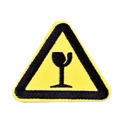 Желтый Компьютеризированная вышивка тканью утюжок на / шить на заплатках, аксессуары для костюма, треугольник с предупреждающим знаком, хрупкий будь осторожен, желтые, 50.5x45.5x1.3 мм