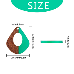 Green SUNNYCLUE Resin & Wood Pendants, Teardrop, Green, 32.5x27.5x2.5~4mm, Hole: 1.5mm, 12pcs/box