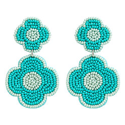 Средний Бирюзовый Серьги-гвоздики с цветочными бусинами и тканевыми подвесками, платина, средне бирюзовый, 65x37 мм