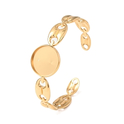 Golden 304 Stainless Steel Coffee Bean Chain Cuff Bracelet Blanks with Flat Round Bezel Settings, Ion Plating(IP), Long-Lasting Plated, Golden, Tray: 18mm, Inner Diameter: 1.85x2.36 inch(4.7x6cm)