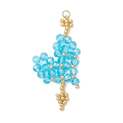 Голубой Стеклянные подвески, сердце со стрелой, с 304 нержавеющей сталью и бисером Toho, граненые, голубой, 45x25x4 мм, Перейти кольцо: 4x0.5 мм, внутренний диаметр: 3 мм