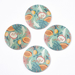 Medium Aquamarine Fruit Seris Printed Wood Pendants, Flat Round with Papaya Pattern, Medium Aquamarine, 30x5mm, Hole: 1.6mm
