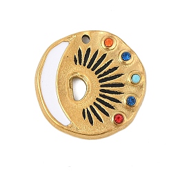 Белый 304 нержавеющей стальной эмали подвески, со стразами, плоский круглый с шармом в виде глаз, золотые, белые, 19x19x3 мм, отверстие : 1.4 мм