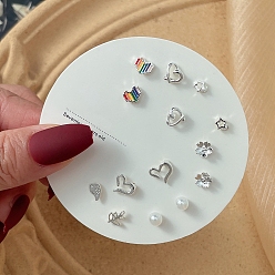 Платина 7 пары антикоррозийных изысканных комплектов сережек-гвоздиков из сплава для девушек и женщин, с пластиковыми бусинами, имитирующими жемчуг, и латунной булавкой, разнообразные, платина, Размер упаковки: 75x75 mm