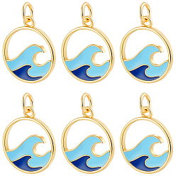 Real 18K Gold Plated 10Pcs Brass Enamel Pendants, Flat Round with Wave Pattern, Long-Lasting Plated, Rack Plating, Lead Free & Cadmium Free, Real 18K Gold Plated, 17x14x2mm, Hole: 3mm, Jump Ring: 5x1mm