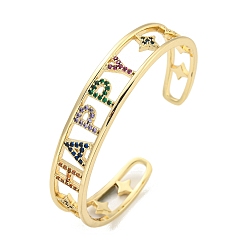 Настоящее золото 18K Женские браслеты-манжеты Word Happy из латуни с микро-паве, цветные циркониевые открытые браслеты, реальный 18 k позолоченный, внутренний диаметр: 2-1/8 x 2-3/8 дюйм (5.4x6.15 см), 12.5 мм