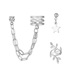 Платина Серьги-каффы из сплава с микропаве из прозрачных кубических цирконий, подвеска звезда и лист и цепь, платина, 40 мм