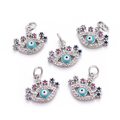 Platinum Brass Micro Pave Cubic Zirconia Charms, with Enamel and Jump Rings, Evil Eye, Colorful, Platinum, 13x15x3.5mm, Hole: 3mm
