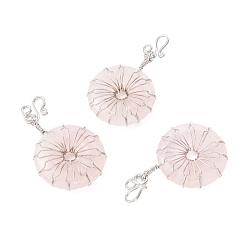 Rose Quartz Natural Rose Quartz Big Pendants, with Platinum Plated Brass Wires Wrapped, Flat Round, 50~53.5x30~31x7.5mm, Hole: 7.55mm
