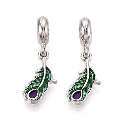 Зеленый Подвеска из эмалированного сплава с покрытием из сплава в европейском стиле, Подвески с большими отверстиями, без кадмия, без никеля и без свинца, перо, платина, зелёные, 27.5 мм, отверстие : 5 мм, перо: 17x8x2 мм
