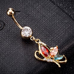 Разноцветный Латунное кольцо пупка с фианитом, кольца живота, с 304 стержнем из нержавеющей стали, без кадмия и без свинца, реальный 18 k позолоченный, бабочка, красочный, 48x14 мм, бар: 15 калибр (1.5 мм), длина стержня: 3/8"(10мм)