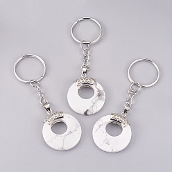 Говлит Брелок из натурального хаулита, с металлизированными кольцами из платины и латунными находками, плоско-круглые, 84 мм