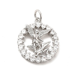 Platino Real Plateado Latón chapado latón micro pavimentar cúbicos zirconia colgantes, redondo plano con amuleto de hadas, larga duración plateado, con anillos de salto, sin plomo y cadmio, Platino verdadero plateado, 18.5x16x3.5 mm, agujero: 3 mm