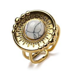 Настоящее золото 18K Ионное покрытие (ip) 304 открытые манжеты из нержавеющей стали, Плоские круглые кольца с синтетической бирюзой для женщин и мужчин, реальный 18 k позолоченный, регулируемый