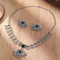 Античное Серебро Ожерелье с подвеской из цветочного сплава и стразами и серьги-гвоздики, струя, античное серебро, 450 мм