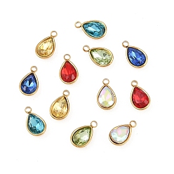 Teardrop Стеклянные прелести, с 201 установками из нержавеющей стали, граненые, разноцветные, ионное покрытие (ip), реальный 18 k позолоченный, слеза, 9x5.5x3 мм, отверстие : 1.2 мм