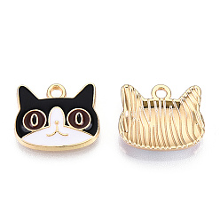 Black Light Gold Plated Alloy Kitten Pendants, with Enamel, Cat Head Shape, Black, 13.5x16x3mm, Hole: 2mm