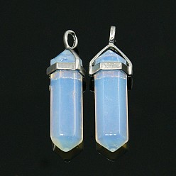 Opalite Opalite Double Terminated Pointed Pendants, with Metal Findings, Bullet, Platinum Metal Color, 39~41x10~12x8~10mm, Hole: 4x3mm