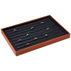 Black Rectangle Wood Finger Rings Display Trays, with PU Leather Inside, for Finger Rings Organizer Holder, Black, 35x23.7x3.05cm