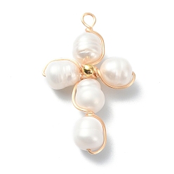 Seashell Color Natural Cultured Freshwater Pearl Copper Wire Wrapped Pendants, Cross Charms with Golden Plated Brass Beads, Seashell Color, 32x20x7.5mm, Hole: 2mm