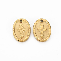 Настоящее золото 14K Ионное покрытие (ip) 304 подвески из нержавеющей стали, без кадмия, без никеля и без свинца, овальные с крестом, реальный 14 k позолоченный, 15.5x11.5x2 мм, отверстие : 1.6 мм