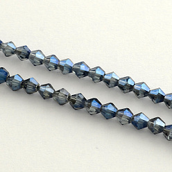 Marine Blue Electroplate Glass Bead Strands, Rainbow Plated, Faceted Bicone, Marine Blue, 4x4.5mm, Hole: 1mm, about 92~96pcs/strand, 13.78~14.37 inch