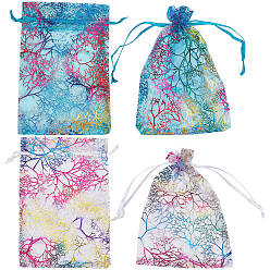 (52) Непрозрачная лаванда 100 шт. 2 цвета горячее тиснение органза подарочные пакеты, шнурок сумки, прямоугольник с красочным коралловым узором, разноцветные, 15x10 см, 50 шт / цвет