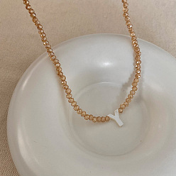 Letter Y Подвеска с инициалом из натуральной ракушки, ожерелья с подвеской из стеклянных бусин, с латунными концевыми цепями, золотые, темно-золотистые, Письмо Y, 13.98 дюйм (35.5 см)