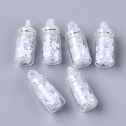 White Glass Wishing Bottle Pendant Decorations, with Star Glitter Sequins/Paillette inside, with Plastic Plug, White, 24.5x10mm, Hole: 2mm