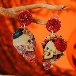 Разноцветный Акриловые серьги-гвоздики с принтом черепа на Хэллоуин, красочный, 53x22 мм