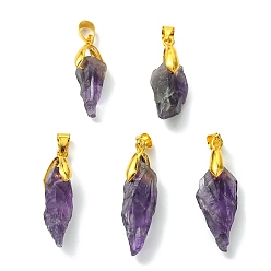 Золотой Кулоны из сырого грубого натурального аметиста, Подвески в виде самородков с латунными зажимами, золотые, 28~35x9~11x9~12.5 мм, отверстие : 6~6.5x4 мм